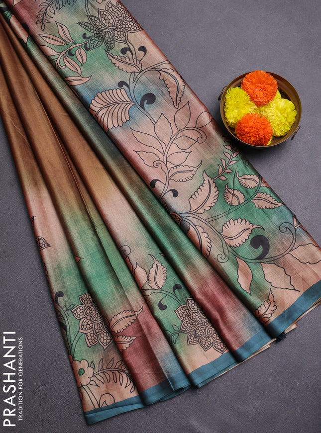 Mustard & Peacock Blue Printed Silk - Kalamkari Prints