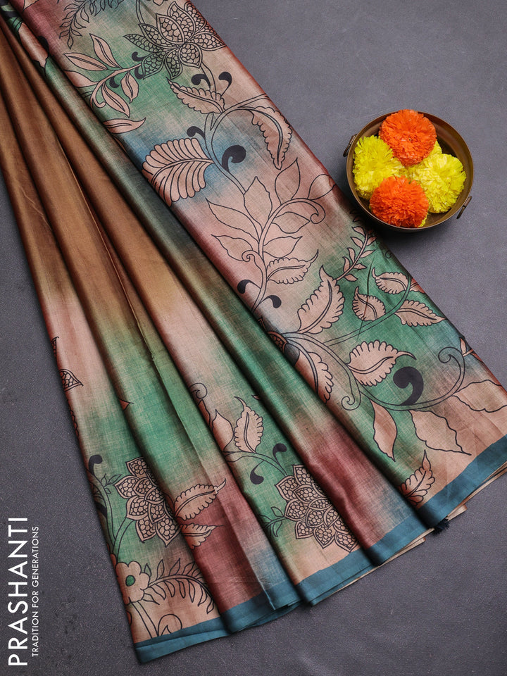 Mustard & Peacock Blue Printed Silk - Kalamkari Prints
