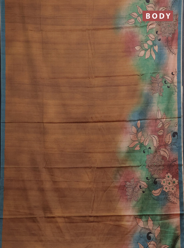 Mustard & Peacock Blue Printed Silk - Kalamkari Prints