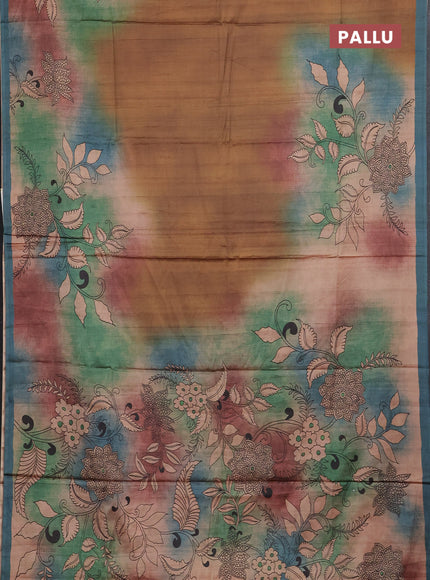 Mustard & Peacock Blue Printed Silk - Kalamkari Prints