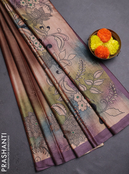 Brown & Pastel Purple Printed Silk - Kalamkari Prints