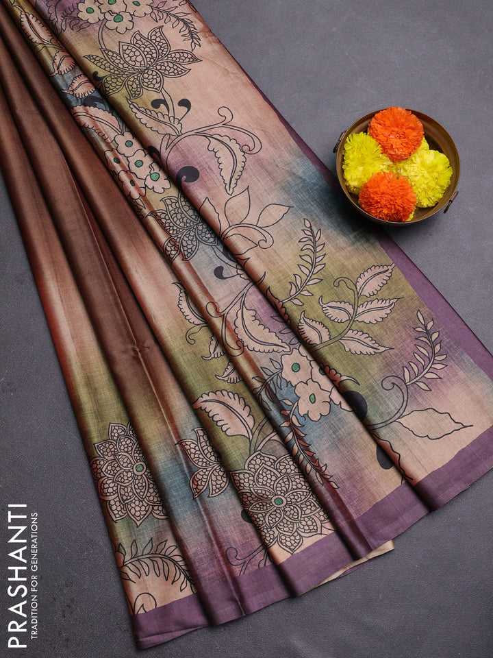 Brown & Pastel Purple Printed Silk - Kalamkari Prints