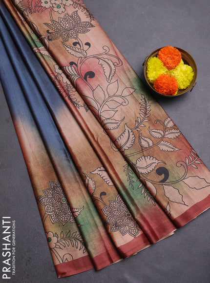 Peacock Blue & Rust Printed Silk - Kalamkari Prints