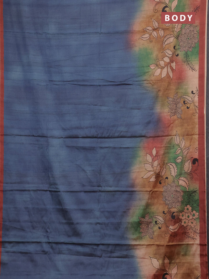 Peacock Blue & Rust Printed Silk - Kalamkari Prints
