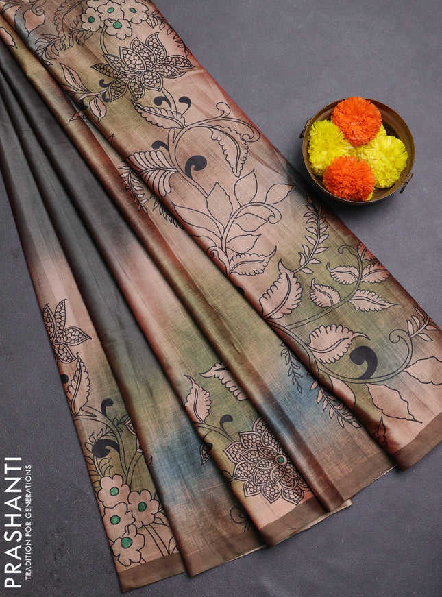 Grey & Brown Printed Silk - Kalamkari Prints