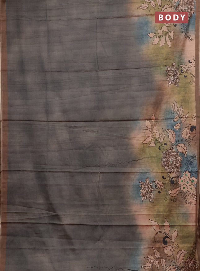 Grey & Brown Printed Silk - Kalamkari Prints