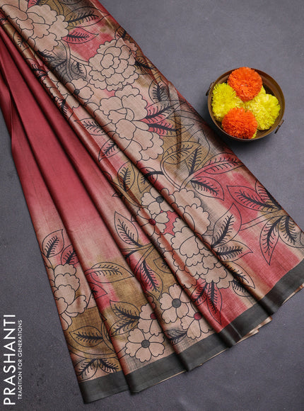 Maroon & Olive Green Printed Silk - Floral Prints