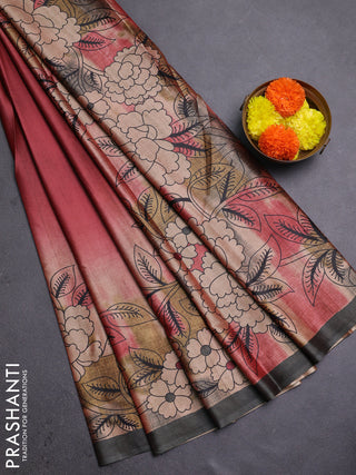 Maroon & Olive Green Printed Silk - Floral Prints