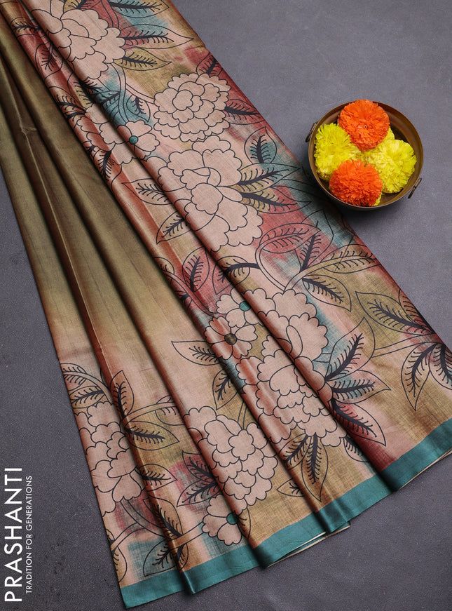 Green & Peacock Green Printed Silk - Floral Prints