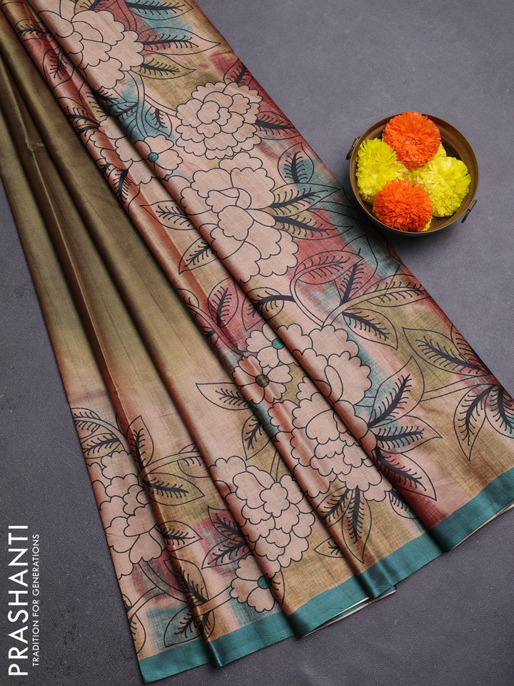 Green & Peacock Green Printed Silk - Floral Prints
