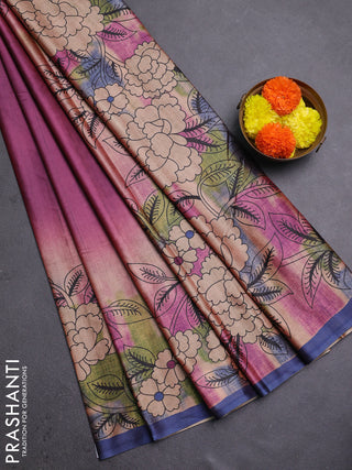 Magenta Pink & Navy Blue Printed Silk - Floral Prints