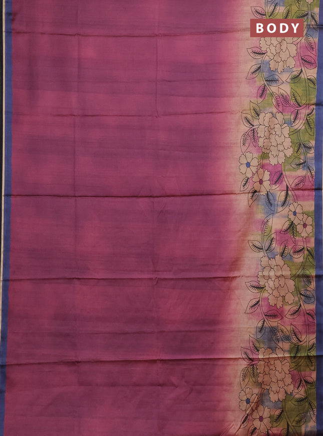 Magenta Pink & Navy Blue Printed Silk - Floral Prints