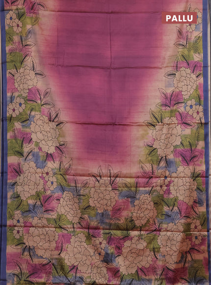 Magenta Pink & Navy Blue Printed Silk - Floral Prints