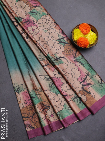 Green & Magenta Pink Printed Silk - Floral Prints