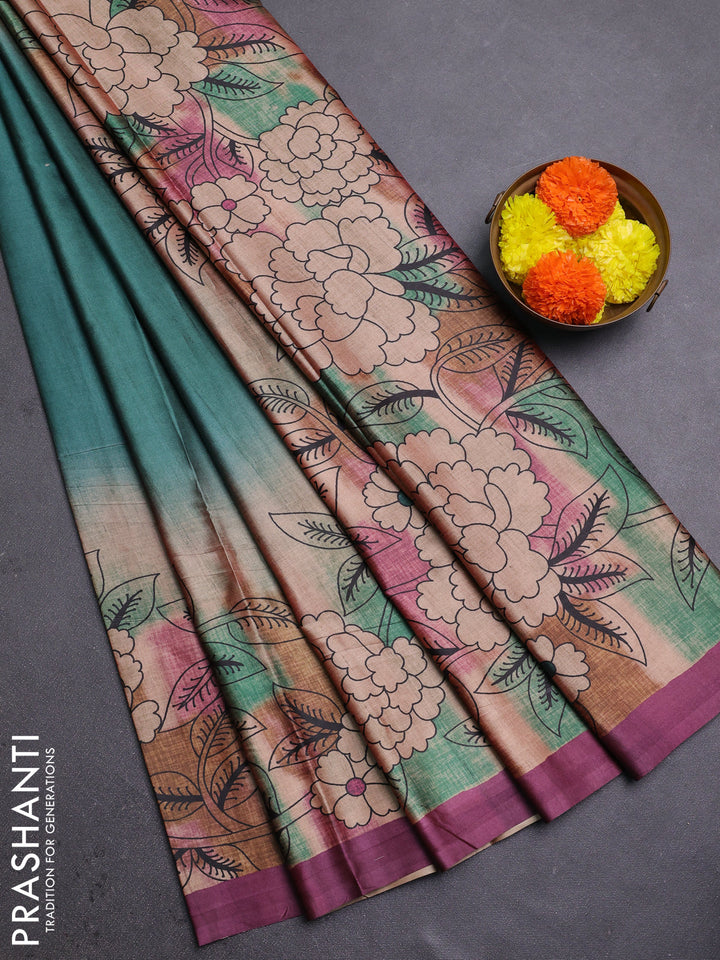 Green & Magenta Pink Printed Silk - Floral Prints