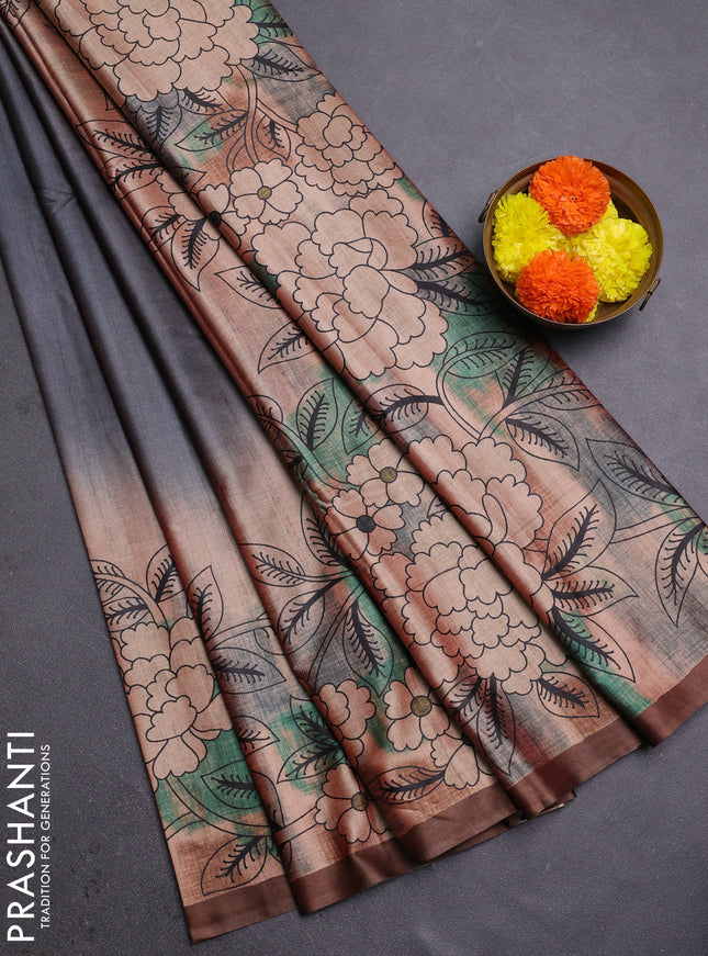 Grey & Brown Printed Silk - Floral Prints