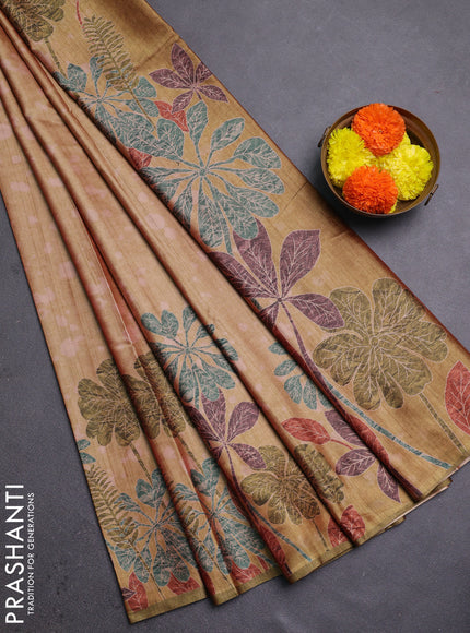 Peach & Mehendi Green Printed Silk - Floral Prints