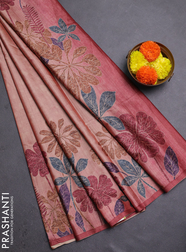 Peach & Maroon Printed Silk - Floral Prints