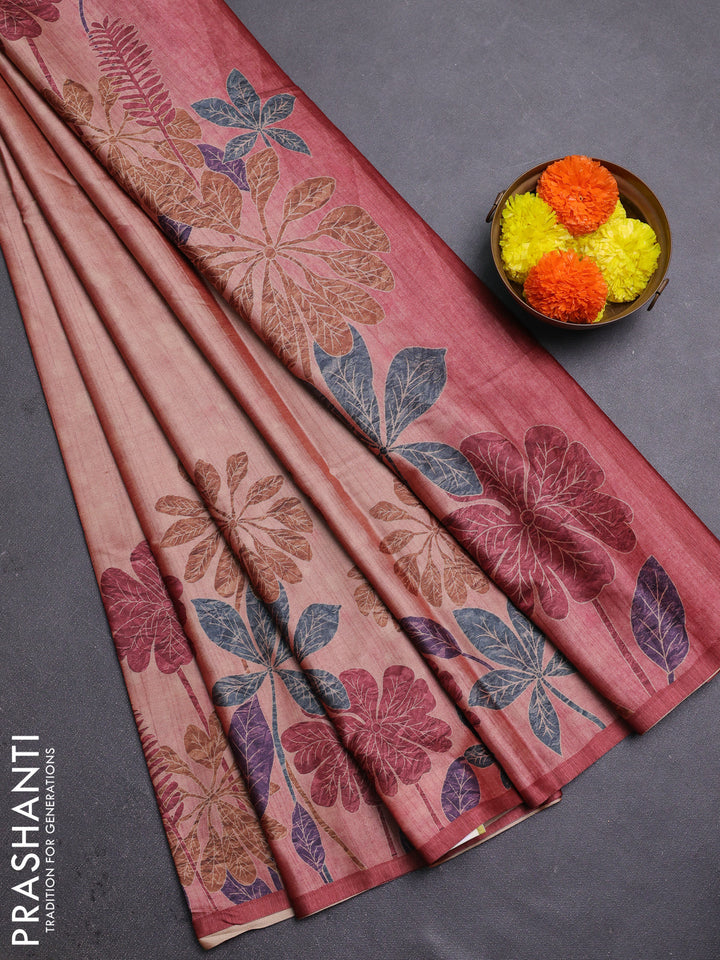 Peach & Maroon Printed Silk - Floral Prints
