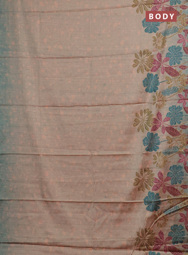Peach & Peacock Green Printed Silk - Floral Prints