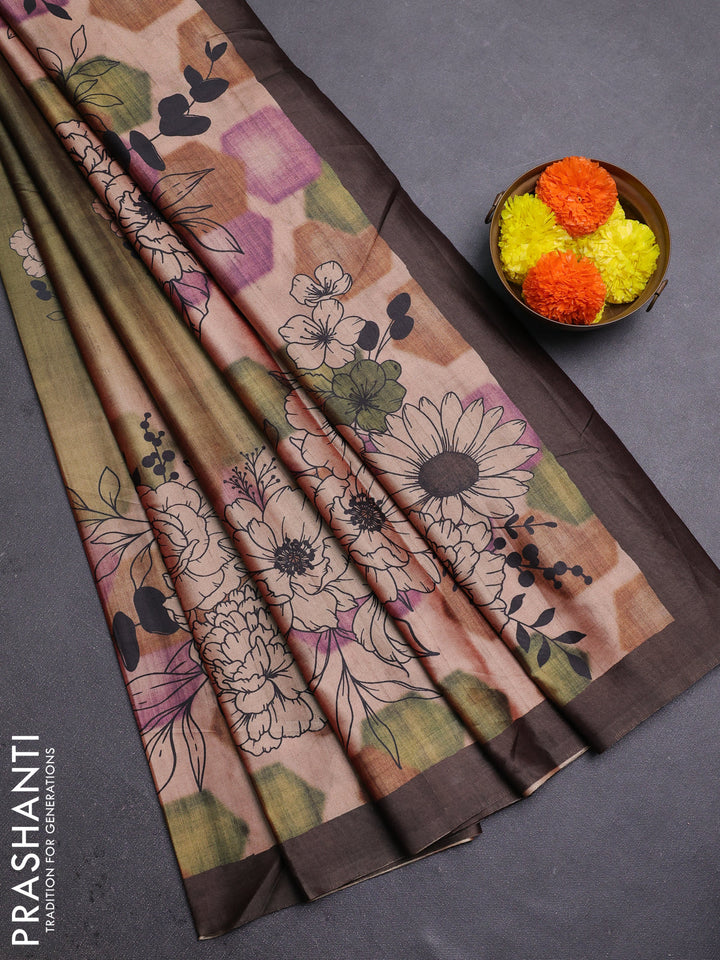 Green & Coffee Brown Printed Silk - Floral Prints