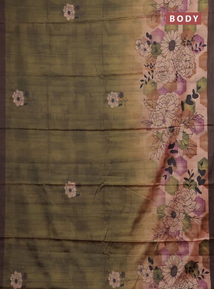 Green & Coffee Brown Printed Silk - Floral Prints