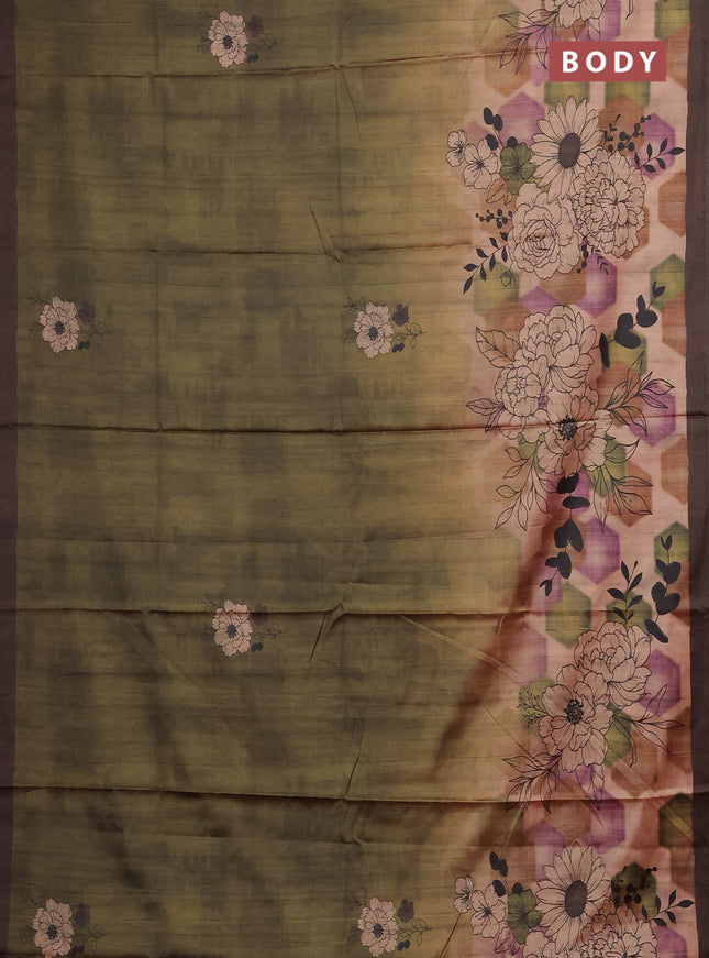 Green & Coffee Brown Printed Silk - Floral Prints