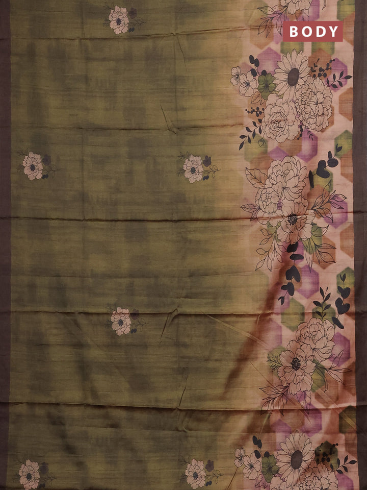 Green & Coffee Brown Printed Silk - Floral Prints