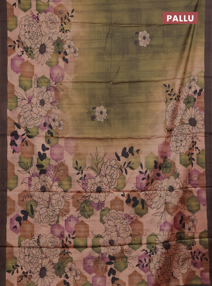 Green & Coffee Brown Printed Silk - Floral Prints