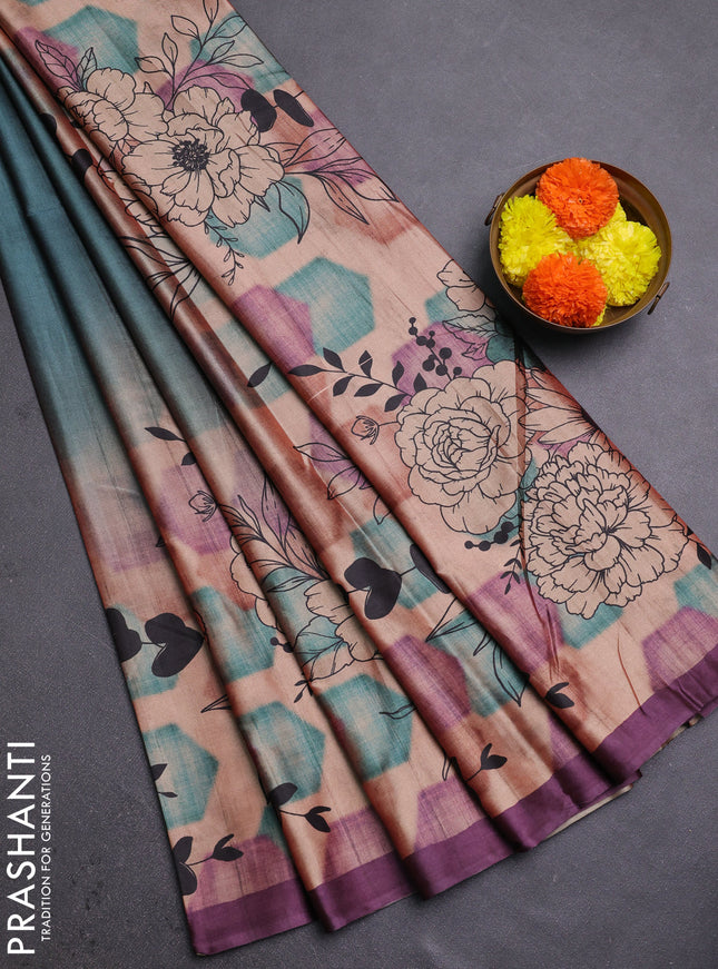 Green & Purple Printed Silk - Floral Prints
