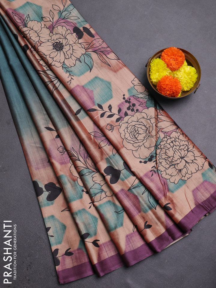 Green & Purple Printed Silk - Floral Prints