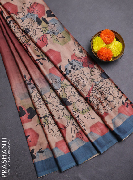 Maroon & Peacock Blue Printed Silk - Floral Prints