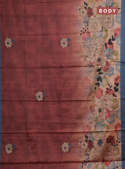Maroon & Peacock Blue Printed Silk - Floral Prints