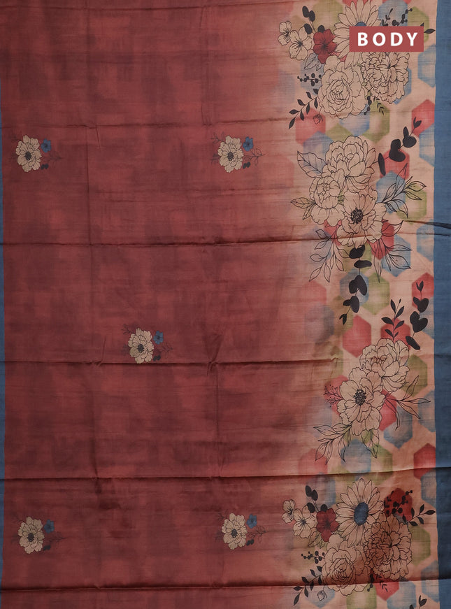 Maroon & Peacock Blue Printed Silk - Floral Prints