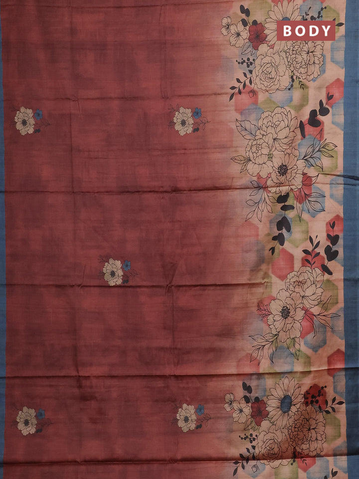 Maroon & Peacock Blue Printed Silk - Floral Prints