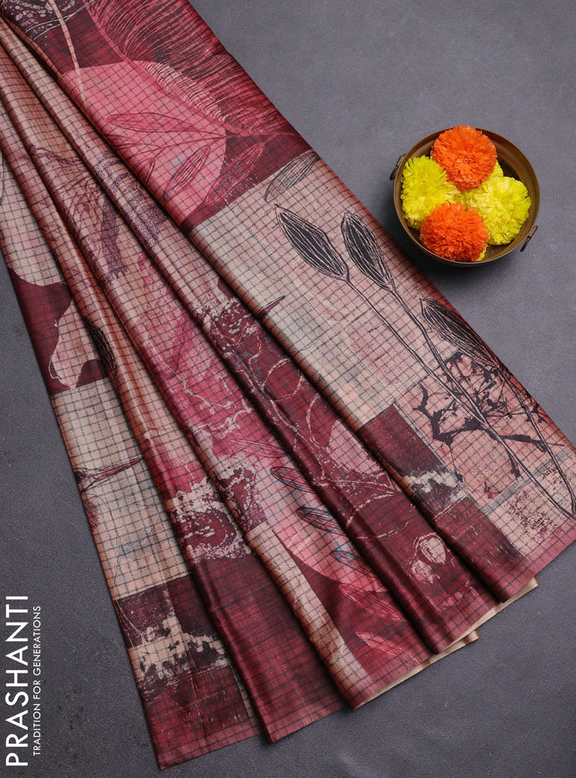 Peach & Maroon Printed Silk - Leaf Prints
