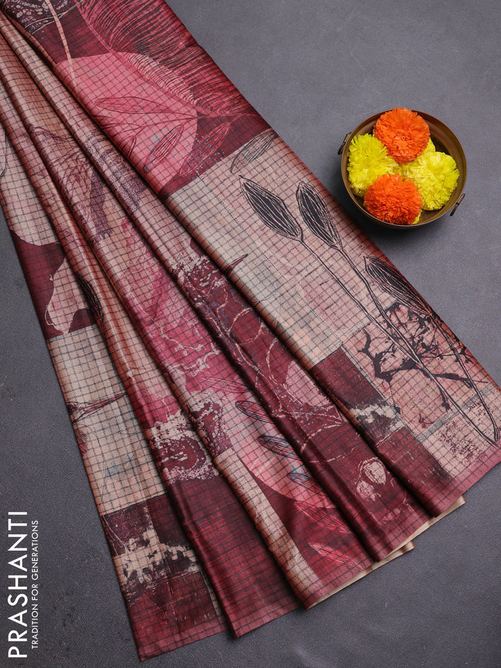 Peach & Maroon Printed Silk - Leaf Prints