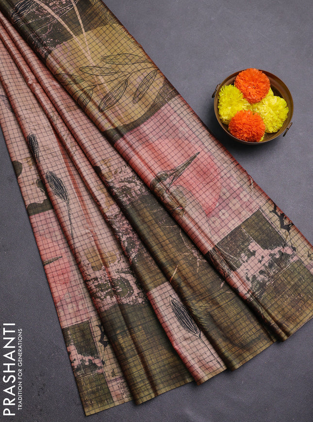 Peach & Olive Green Printed Silk - Leaf Prints