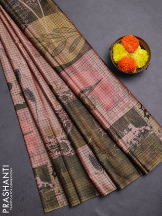 Peach & Olive Green Printed Silk - Leaf Prints