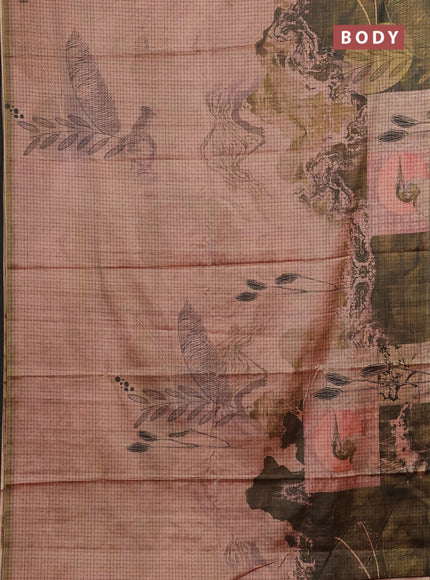 Peach & Olive Green Printed Silk - Leaf Prints