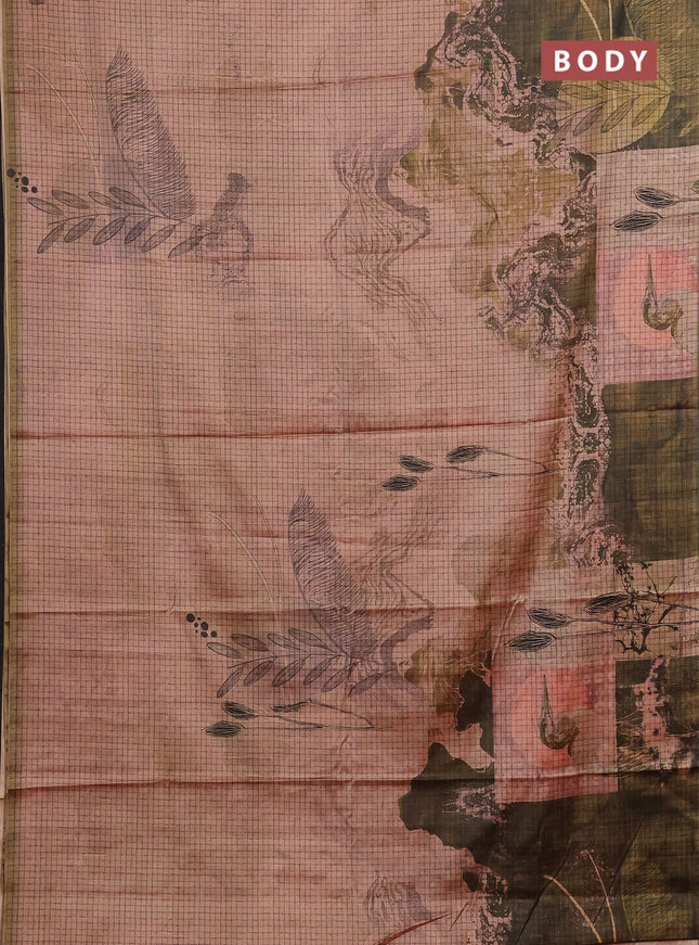 Peach & Olive Green Printed Silk - Leaf Prints