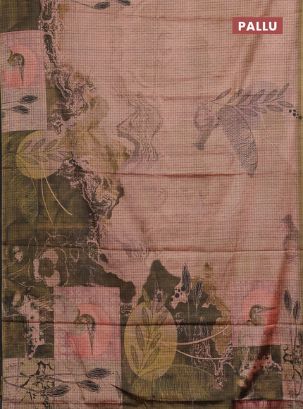 Peach & Olive Green Printed Silk - Leaf Prints