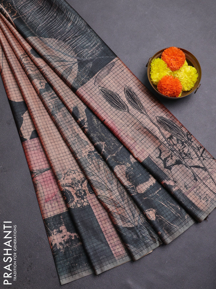 Peach & Grey Printed Silk - Leaf Prints