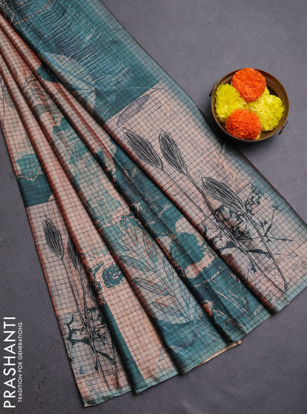 Peach & Peacock Green Printed Silk - Leaf Prints