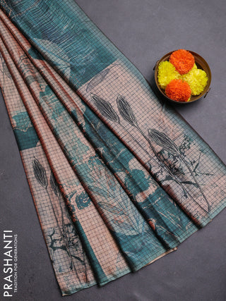 Peach & Peacock Green Printed Silk - Leaf Prints