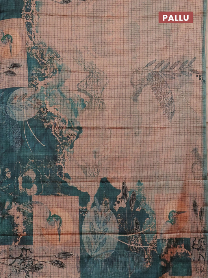 Peach & Peacock Green Printed Silk - Leaf Prints
