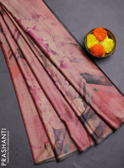 Peach Pink & Olive Green Printed Silk - Floral Prints