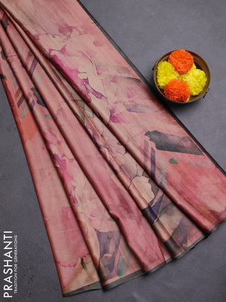 Peach Pink & Olive Green Printed Silk - Floral Prints