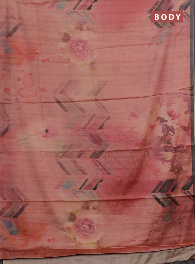Peach Pink & Olive Green Printed Silk - Floral Prints