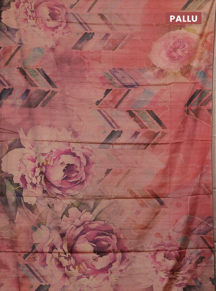 Peach Pink & Olive Green Printed Silk - Floral Prints